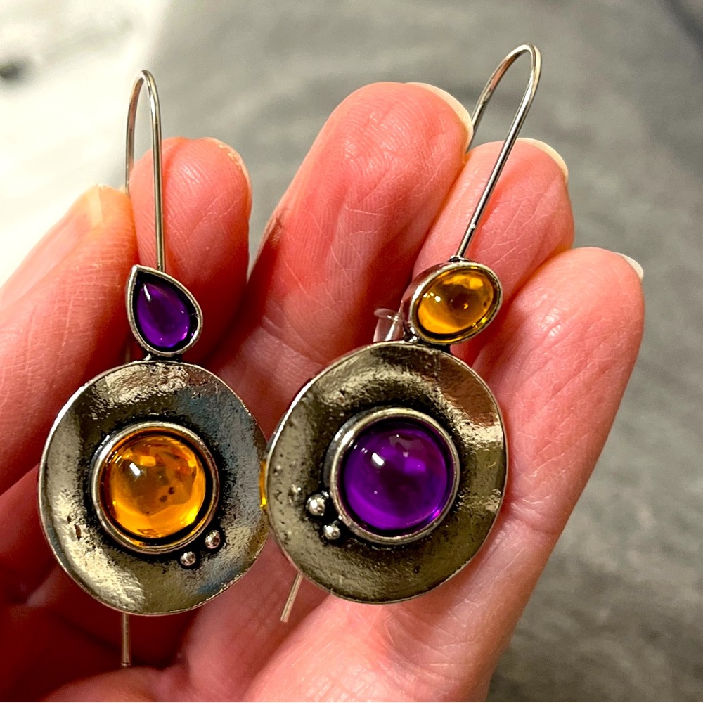 Earrings Dangle NIP  Unique purple and yellow stone silver tone. 2” x .80” - Picture 2 of 9